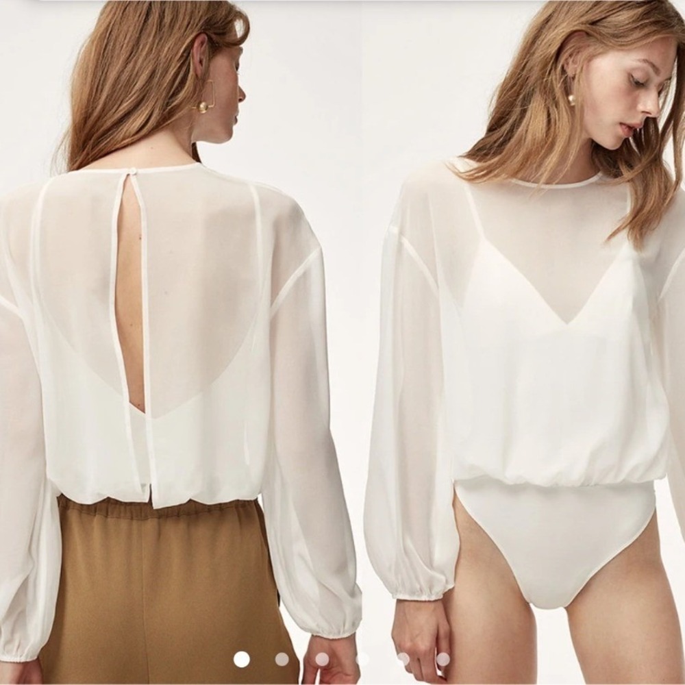Le Lis Collection White Sheer Long Sleeve Open Back Bodysuit NWT Chic Medium